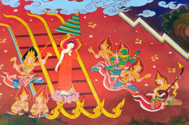 Antik duvar boyama Buda'nın cennetten Tapınağı Wat Dhammamongkol Bangkok, Tayland için toprağa geri döner