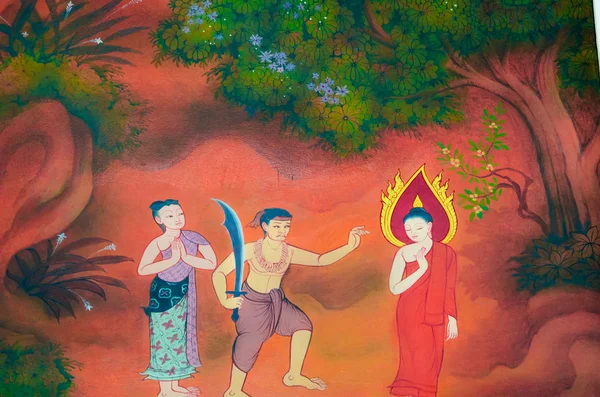 Ancient Mural painting of the Buddha saving an evil bandit Angulimala in temple Wat Dhammamongkol in Bangkok, Thailand — Stock Photo, Image