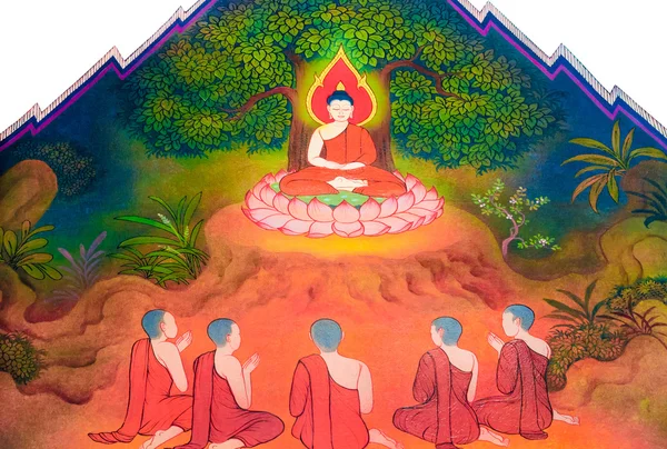 Ancient Mural painting of the first five followers of the Buddha in temple Wat Dhammamongkol in Bangkok, Thailand — Stock Photo, Image