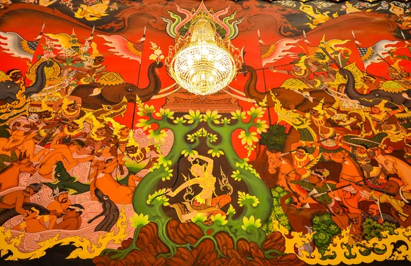 Θεά της γης προστατεύοντας το Βούδα από Μάρα στρατεύματα τοιχογραφία στο ναό Samiannari στην Μπανγκόκ, Ταϊλάνδη — Φωτογραφία Αρχείου