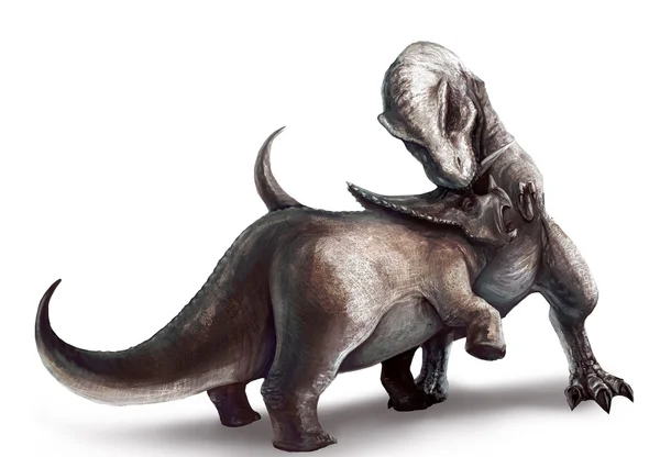 Un dibujo ilustrativo de la batalla de dos dinosaurios. Tyrannosaurus Rex luchando contra un Triceratops — Foto de Stock