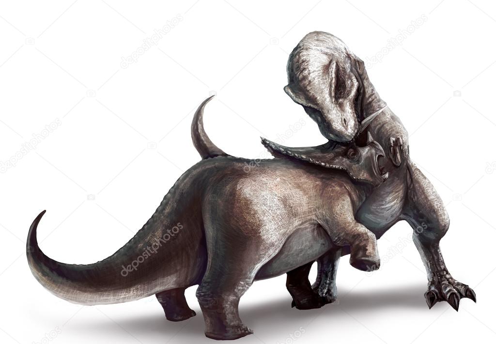 An illustration drawing of two dinosaurs battle. Tyrannosaurus Rex fighting a Triceratops