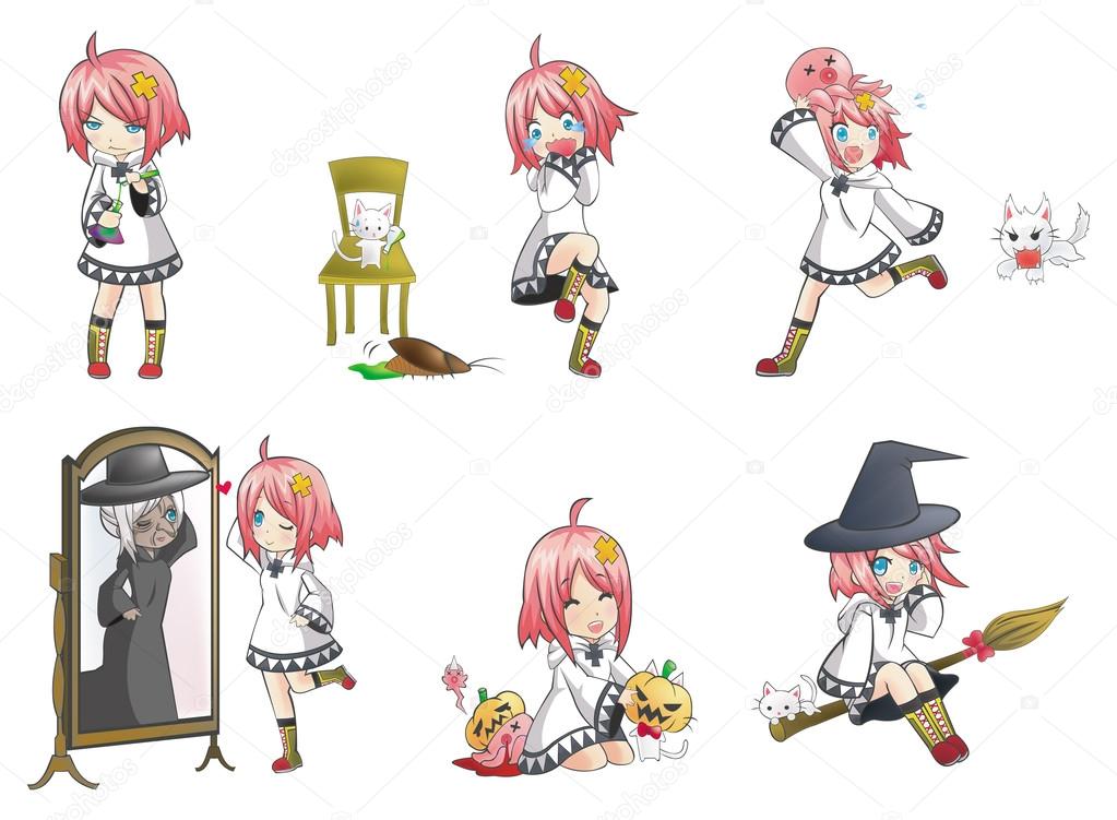 White Witch in many expression and action collection icon set 3. Series of cute little sorcerer  with her activities.