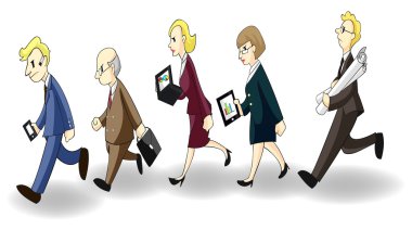 Row of busy businessmen, businesswomen, and businesspeople with information technology computer smart phone and document, create by vector