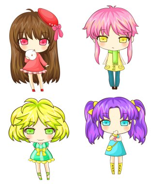 Sets of Japanese SD cartoon girl gang in various fashion style, clothing, and characteristic icon set, create by vector