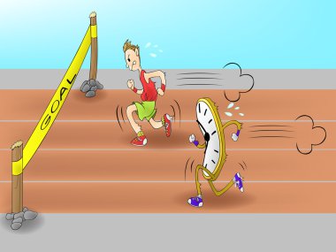 Cartoon Man racing with time clock to the goal. Everyone have to race with time limit in these days and speed is one significant factor in business and work. (vector)