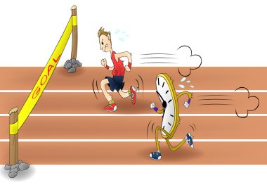 Cartoon Man racing with time clock to the goal in isolated background. Everyone have to race with time limit in these days and speed is one significant factor in business and work. (vector)