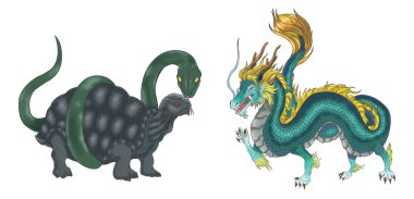 4 Chinese mythical monster creature gods (Shijin) in old fairy tale and religion set 2 - Turtle and Dragon