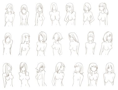 Various types of women breast and tits icon collection set for education (sketch drawing), create by vector