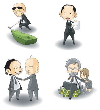 Funny cartoon SD mafia boss or bad business CEO boss icon set in various expression and action, create by vector