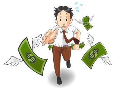 Para cep ofis çalışanı, yatırımcı veya iş adamı izole arka planda uzak uçuyor. Enflasyon, ekonomik durgunluk veya iş kaybı yüzünden mi? Karikatür vektör
