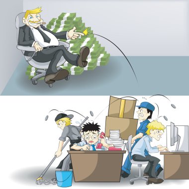 Gerçek gelir, para ve GM işletme sahibi ile çalışanlar arasındaki iş yükünü. Hayat bir sonraki hamlen ne olacak. Karikatür vektör kavramı.