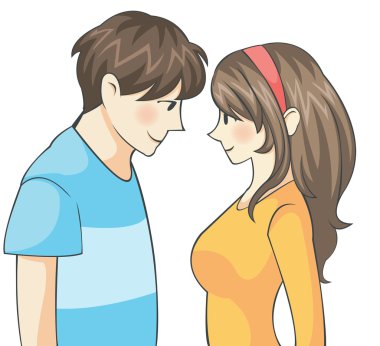 Sevimli çizgi Teen aşk Japon Manga (karikatür) izole arka planda, stil ile karşı karşıya iki vektör