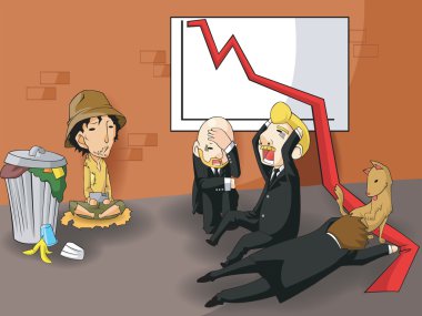 Değişen iş sahibi, ceo, işadamı veya girişimci durum yoksul dilenci iflas, karikatür vektör tarafından oluşturmak