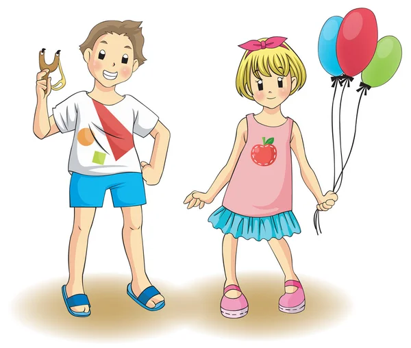 Cute boy and girl in a private costume clothes with leisure outdoor toy in isolated background, create by vector — Stockový vektor