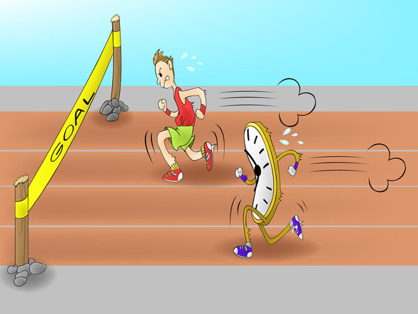 Мультфильм Человек скачет с часами времени к цели. В эти дни все должны состязаться с ограничением по времени, и скорость является одним из существенных факторов в бизнесе и работе. (вектор
)