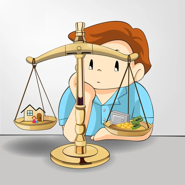 Weight between work money and your family relationship in cartoon design. If not you might loose one thing (vector) — 스톡 벡터