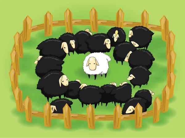 Cartoon white sheep in the flock of black sheep (opposite side) create by vector — ストックベクタ