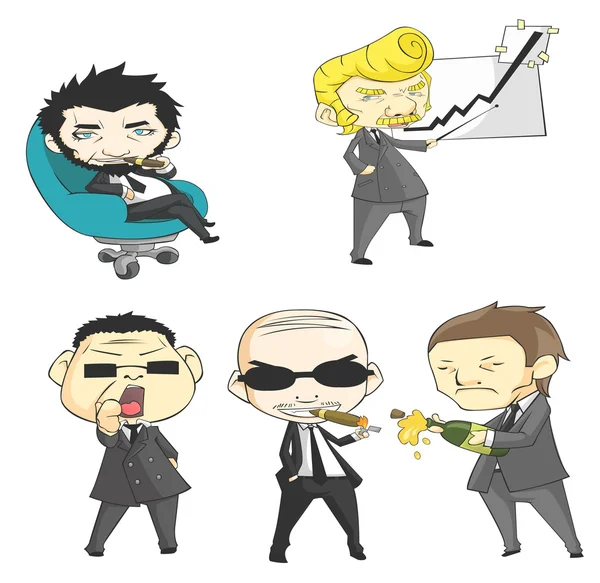 Funny cartoon SD mafia boss or bad business CEO boss icon set in various expression and action, create by vector — 스톡 벡터