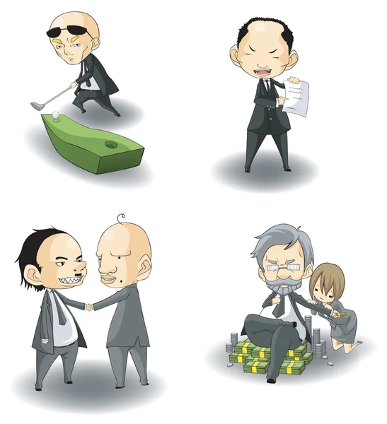 Funny cartoon SD mafia boss or bad business CEO boss icon set in various expression and action, create by vector — Stock Vector