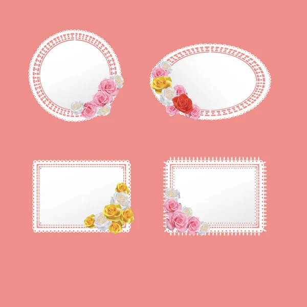 Quatre mignon motif napperon étiquette icône étiquette avec rose collection de fleurs ensemble, créer par vecteur — Image vectorielle