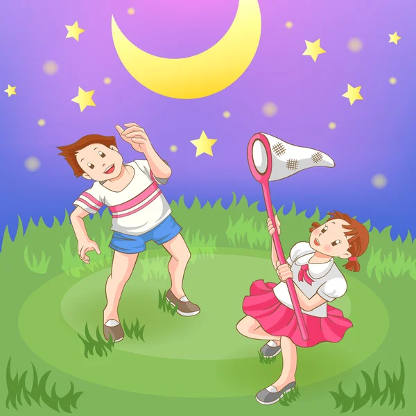 Two cartoon children boy and girl couple is catching stars in the field at night, create by vector — 스톡 벡터