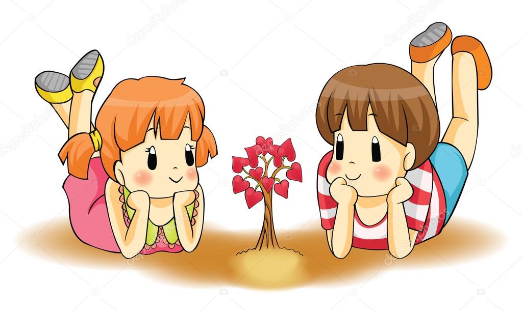 Cute cartoon children couple watch a heart plant growing in isolated background. Love will grow from childhood to adult. vector