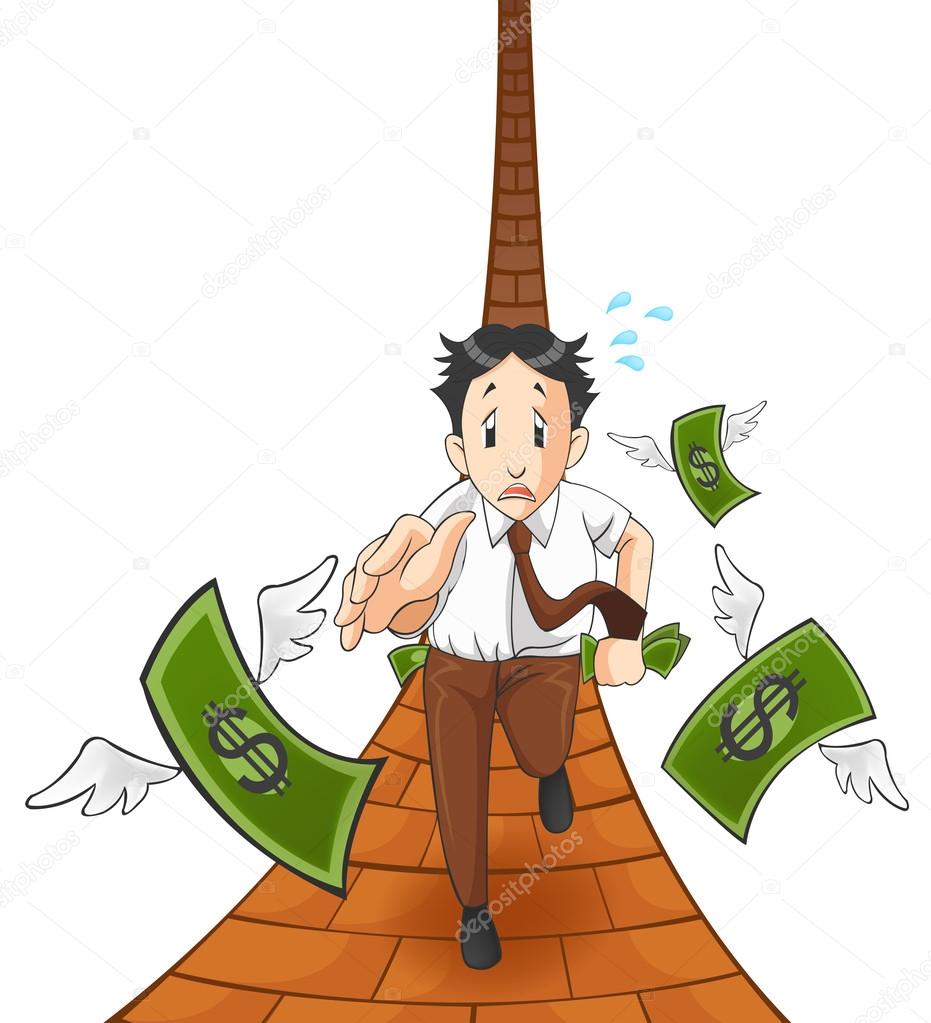 Money is flying away from the pocket of office worker, investor, or businessman. It is because of inflation, economic recession, or business loss? Cartoon vector (with track)