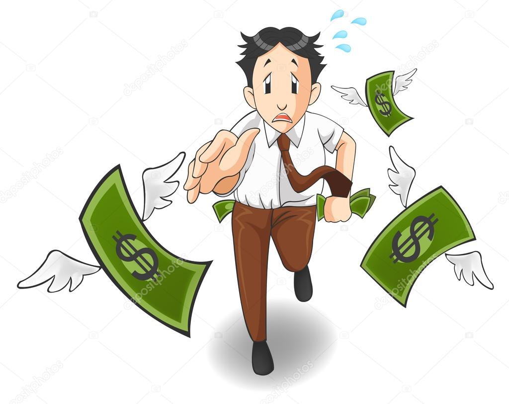 Money is flying away from the pocket of office worker, investor, or businessman in isolated background. It is because of inflation, economic recession, or business loss? Cartoon vector