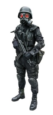 Special force soldier wearing military uniform with sub machine gun weapon gas mask is standing patrolling for security in white isolated isolation background