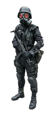 Special force soldier wearing military uniform with sub machine gun weapon gas mask is standing patrolling for security in white isolated isolation background clipart