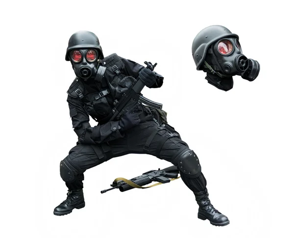 Special force soldier wearing military uniform with sub machine gun weapon gas mask posing funny in white isolated isolation background with separate man head — Stock fotografie