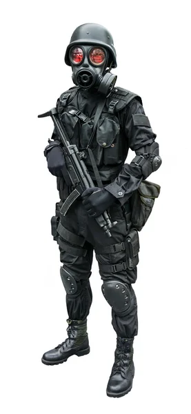 Special force soldier wearing military uniform with sub machine gun weapon gas mask is standing patrolling for security in white isolated isolation background
