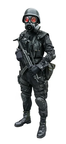 Special force soldier wearing military uniform with sub machine gun weapon gas mask is standing patrolling for security in white isolated isolation background — 스톡 사진