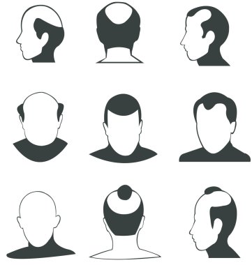 Silhouette bald heads man face and fashion hairstyle vector icon collection set (in various type and angle) clipart