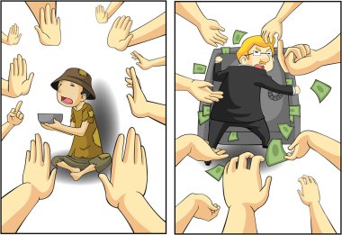 Suffering between the rich businessman and the poor beggar guy with hands wanting greedy and rejecting in white background in diversity concept, create by cartoon vector