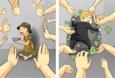 Suffering between the rich businessman and the poor beggar guy with hands wanting greedy and rejecting in diversity concept, create by cartoon vector