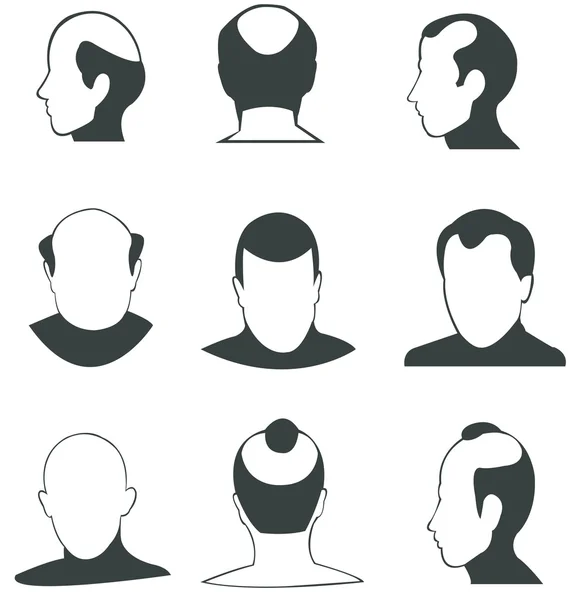 Silhouette bald heads man face and fashion hairstyle vector icon collection set (in various type and angle) — Stok Vektör