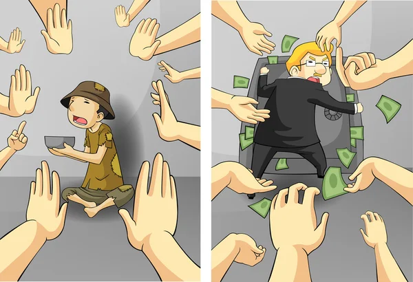 Suffering between the rich businessman and the poor beggar guy with hands wanting greedy and rejecting in diversity concept, create by cartoon vector — 图库矢量图片