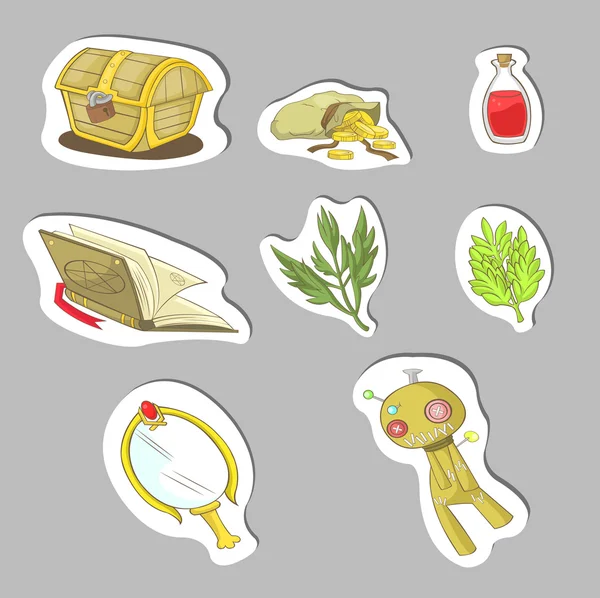 Magical fantasy cartoon role playing game rpg items sticker icon collection set in white isolated background, create by vector — 스톡 벡터