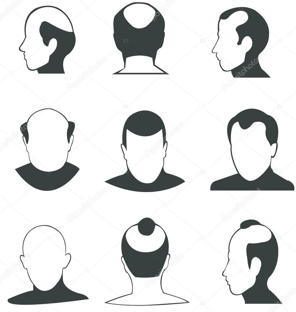 Silhouette bald heads man face and fashion hairstyle vector icon collection set (in various type and angle)