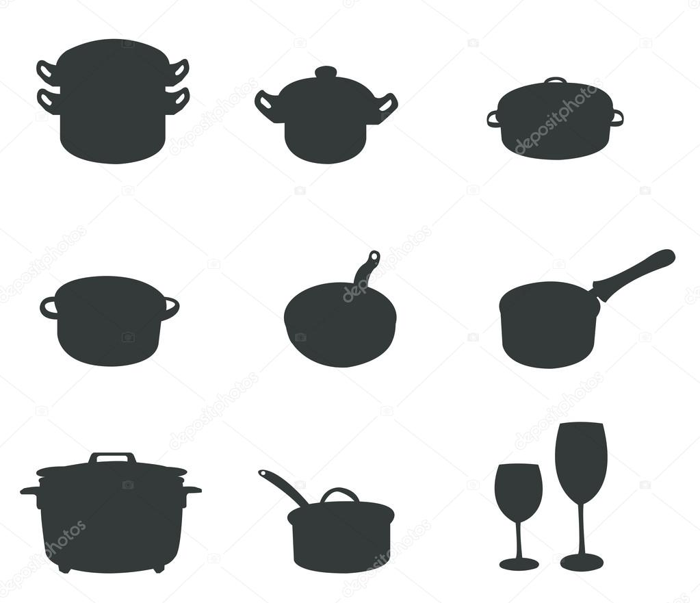 Sets of silhouette kitchen tools and kitchenware pot pan and glass icon