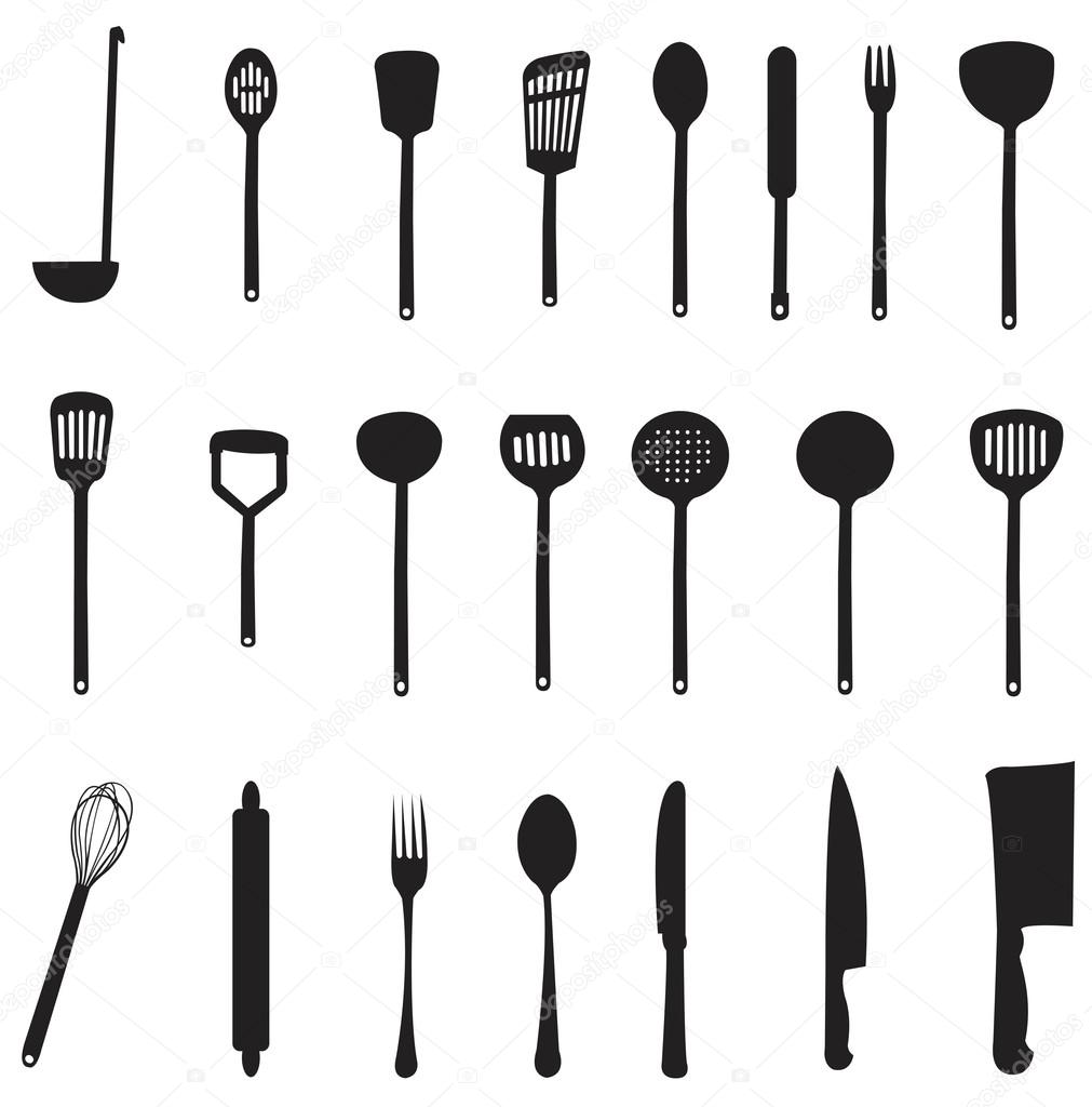 Sets of silhouette kitchen tools and kitchenware spade ladle knife spoon fork spatula knead icon for cooking and dinning, create by vector