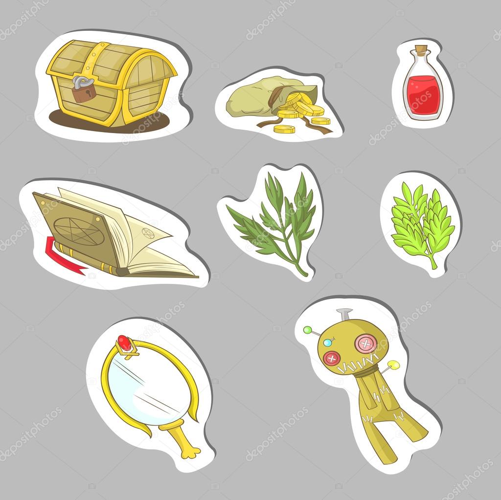 Magical fantasy cartoon role playing game rpg items sticker icon collection set in white isolated background, create by vector