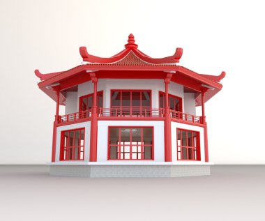 Simple 3D Chinese tradition pavilion temple architecture building exterior design in white background