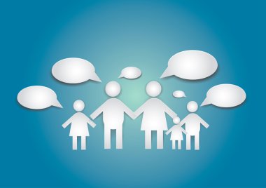 3D Paper Family member sign symbol with father mother and boy girl children with blank speech Bubble and blue background texture, create by vector