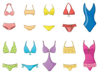 Girl summer fashion Swimsuit and bikini icon collection set, create by cartoon vector clipart
