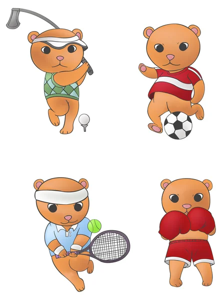 Oso de la mascota del deporte jugando fútbol fútbol fútbol tenis boxeo competencia icono colección conjunto 1, crear por vector de dibujos animados — Vector de stock