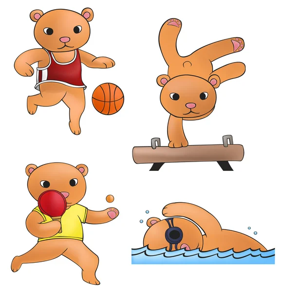 Oso de la mascota del deporte jugando al ping pong gimnástico de baloncesto y la colección icono de la competencia de natación conjunto 2, crear por vector de dibujos animados — Vector de stock