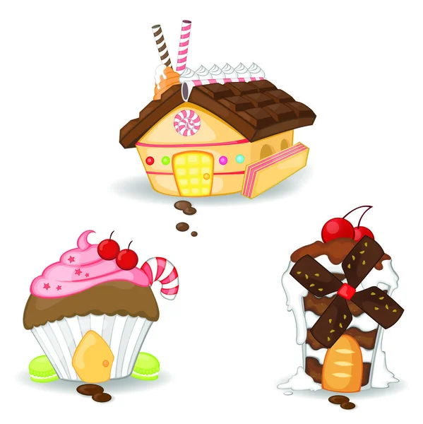 Dulce galleta de caramelo cupcake helados postre casas icono colección conjunto 1 en la fantasía cuento de hadas diseño, crear por vector de dibujos animados — Archivo Imágenes Vectoriales